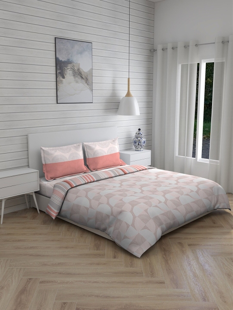 

Boutique Living India Peach-Coloured & White Printed Pure Cotton Double Queen Bedding Set