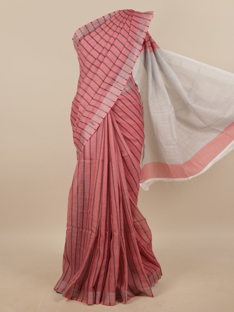 

Pothys Women Pink Striped Linen Blend Saree with Blouse