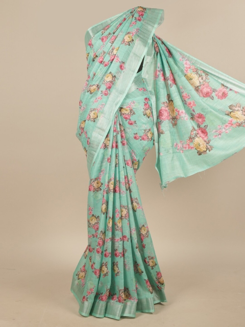 

Pothys Sea Green & Pink Floral Linen Blend Saree