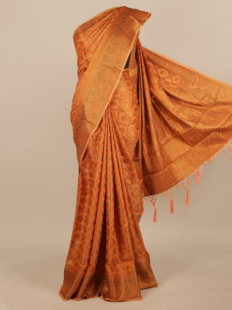 

Pothys Orange & Gold-Toned Ethnic Motifs Beads & Stones Jute Silk Saree