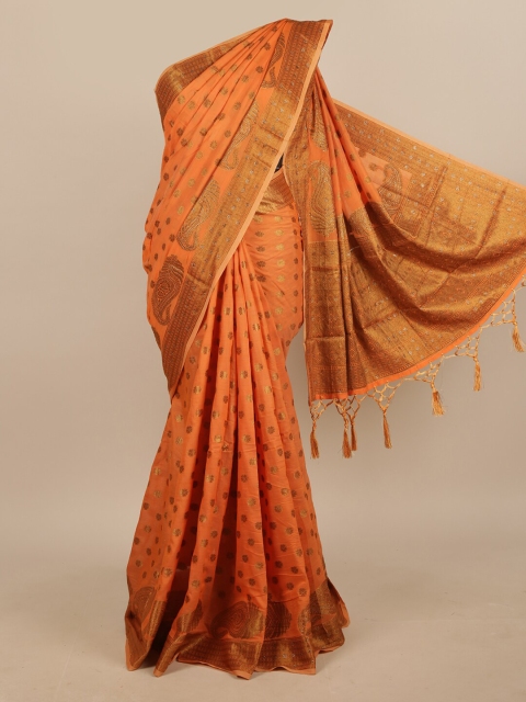 

Pothys Orange & Gold-Toned Embellished Beads and Stones Jute Silk Saree