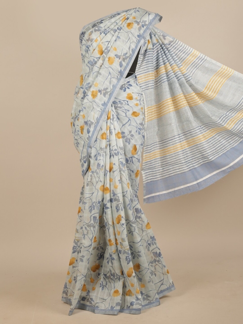 

Pothys Cream-Coloured & Blue Floral Cotton Blend Saree