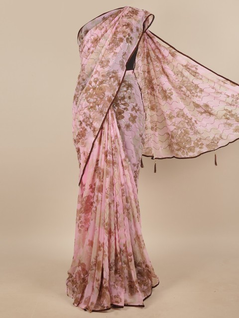

Pothys Pink & Brown Floral Printed Sequinned Saree