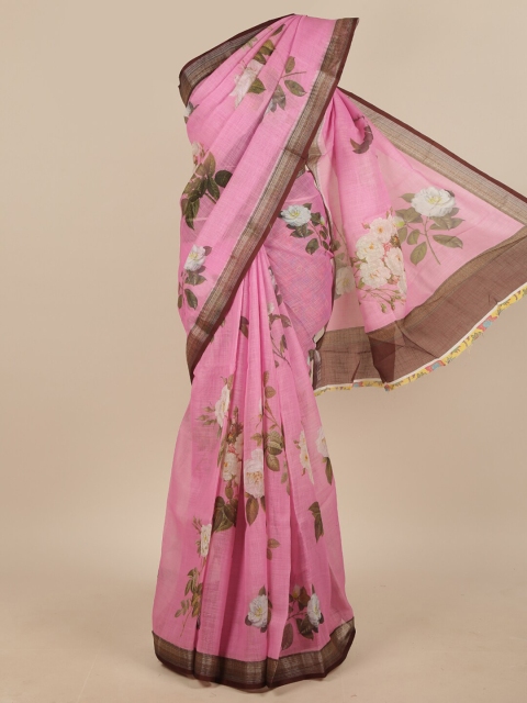 

Pothys Pink & Brown Floral Printed Linen Blend Saree