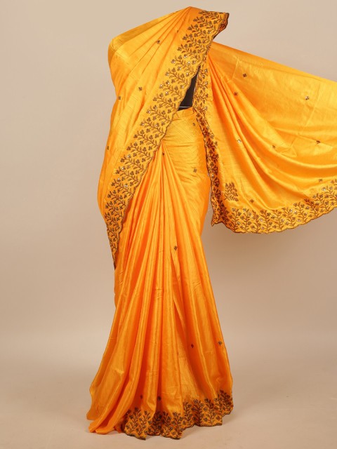 

Pothys Yellow & Gold-Toned Floral Mirror Work Art Silk Saree