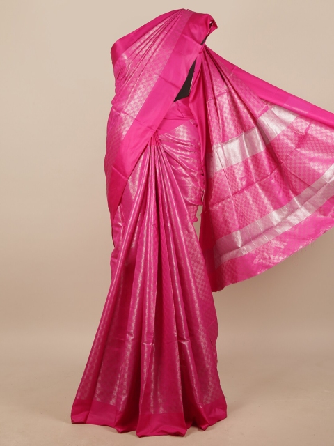 

Pothys Pink & Silver-Toned Woven Design Zari Jute Silk Saree