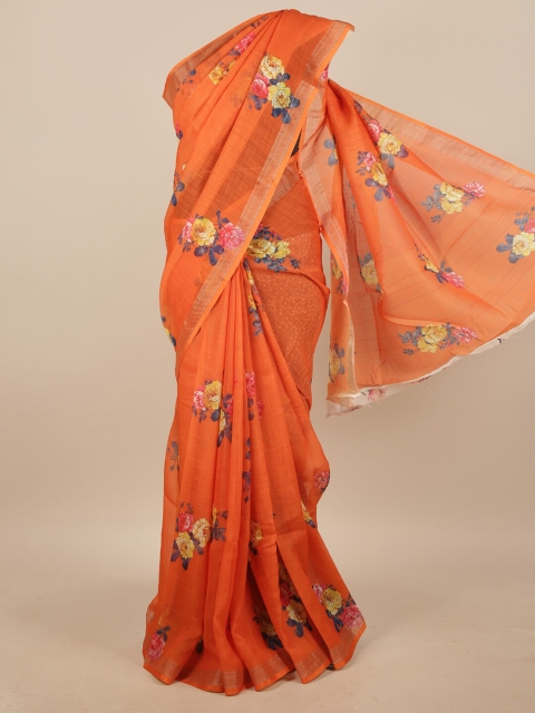 

Pothys Orange & Blue Floral Printed Linen Blend Saree