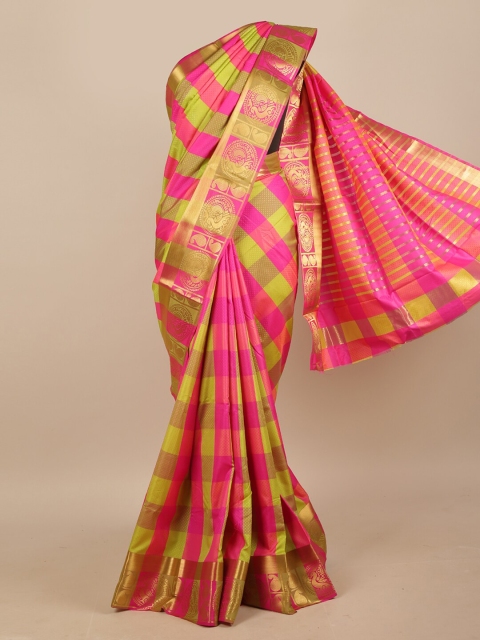 

Pothys Green & Gold-Toned Checked Jute Silk Saree