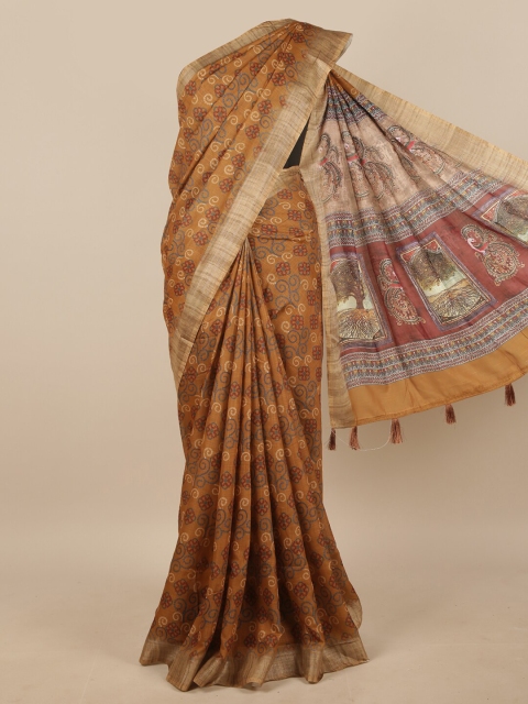 

Pothys Brown & Blue Ethnic Motifs Printed Linen Blend Saree