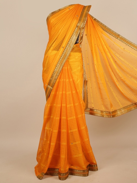 

Pothys Yellow & Gold-Toned Checked Beads & Stones Saree