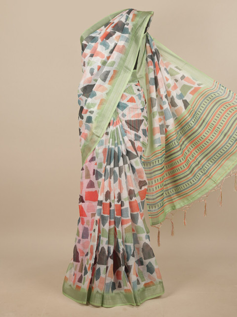 

Pothys White & Green Abstract Printed Linen Blend Saree