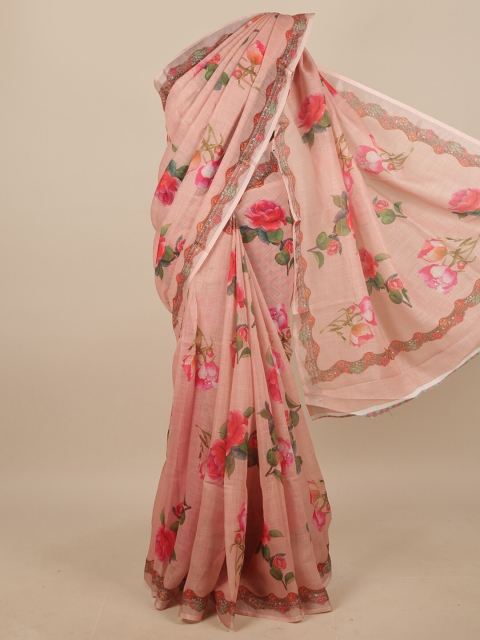 

Pothys Pink & Green Floral Linen Blend Saree