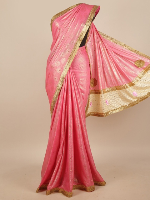 

Pothys Pink & Gold-Toned Woven Design Beads and Stones Saree