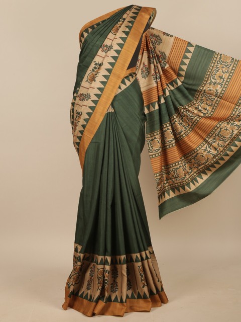 

Pothys Green & Mustard Ethnic Motifs Printed Jute Silk Saree