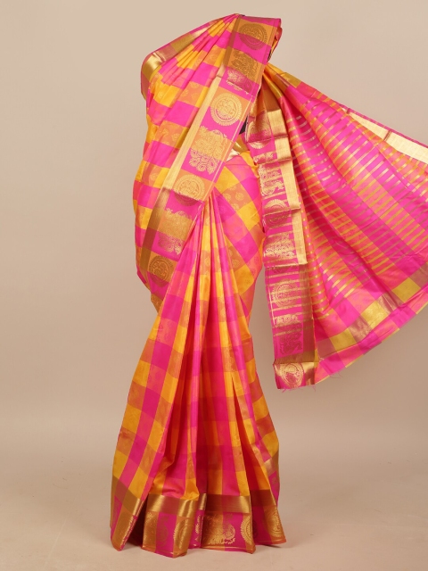 

Pothys Pink & Yellow Checked Zari Jute Silk Saree