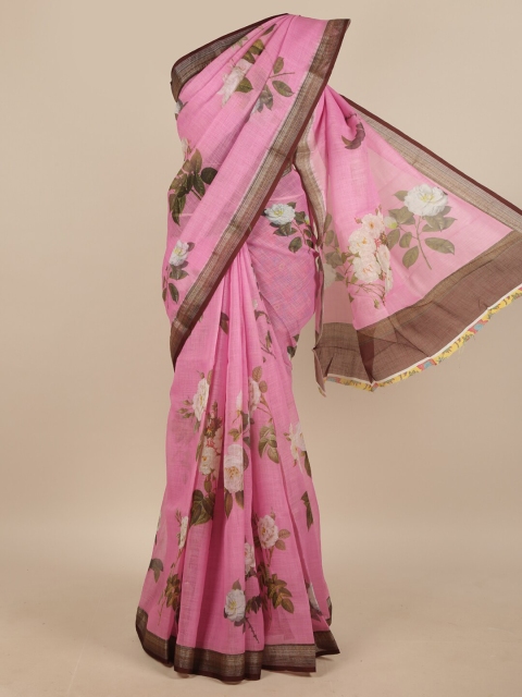 

Pothys Pink & Brown Floral Printed Linen Blend Saree