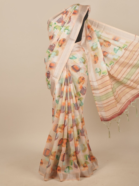 

Pothys Cream-Coloured & Purple Floral Linen Blend Saree