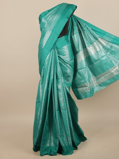 

Pothys Green & Silver-Toned Checked Jute Silk Saree