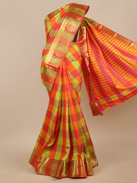 

Pothys Red & Green Checked Jute Silk Saree