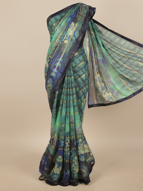 

Pothys Green & Blue Floral Poly Chiffon Saree