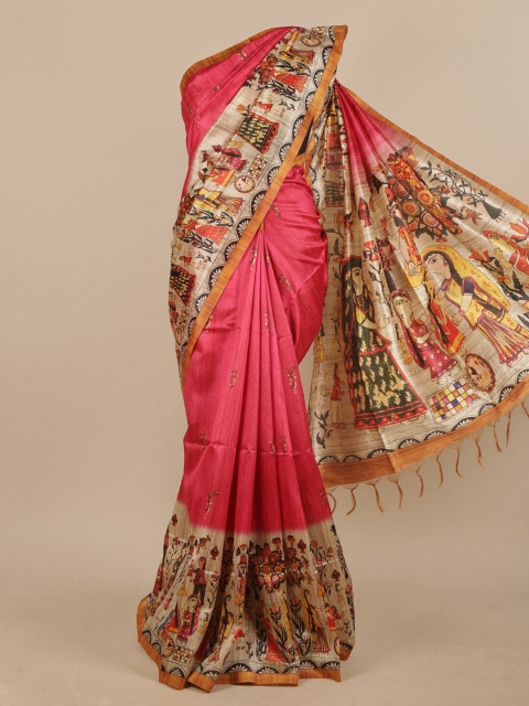 

Pothys Pink & Cream-Coloured Ethnic Motifs Printed Jute Silk Saree