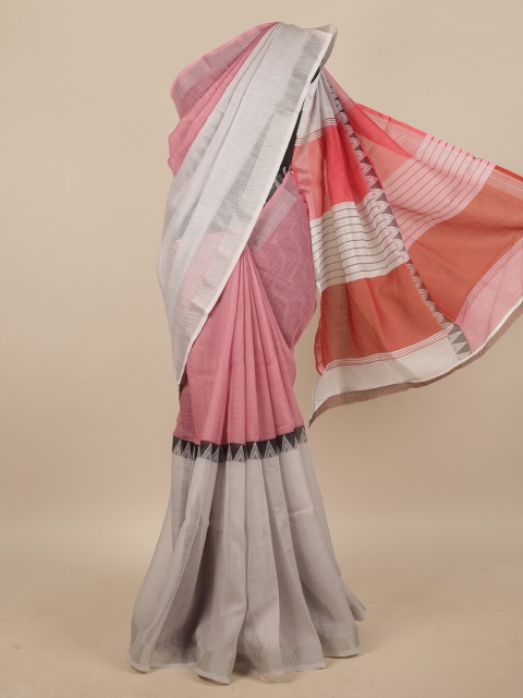 

Pothys Pink & Grey Colourblocked Linen Blend Saree