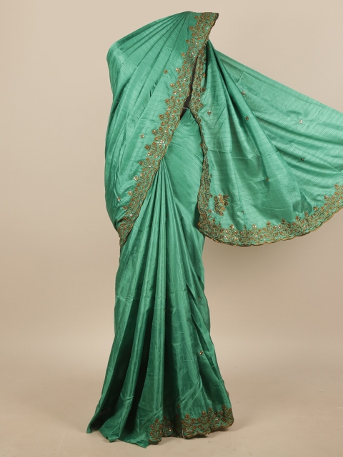 

Pothys Green & Gold-Toned Floral Embroider Sequined Saree