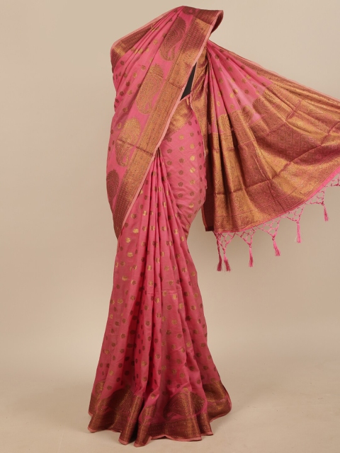 

Pothys Pink & Gold-Toned Ethnic Motifs Woven Design Jute Silk Saree