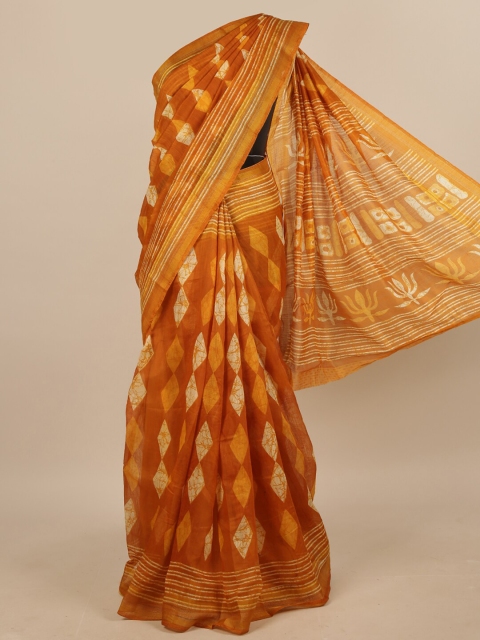

Pothys Mustard & Off White Printed Linen Blend Saree