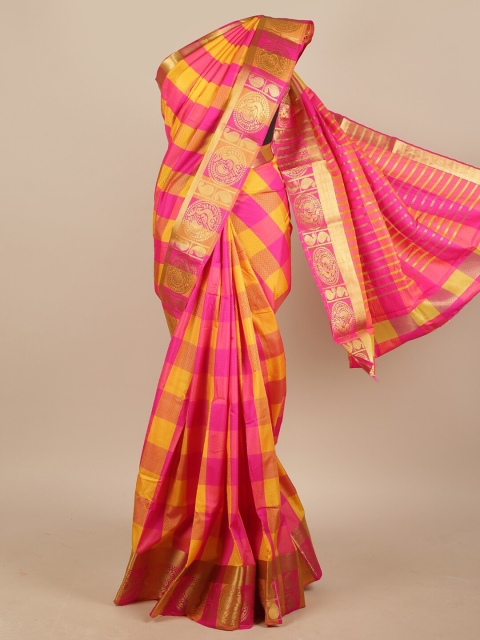 

Pothys Fuchsia & Gold-Toned Checked Jute Silk Saree