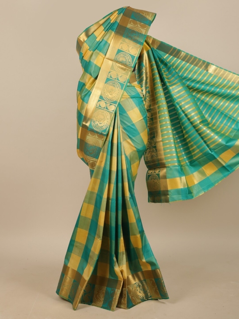 

Pothys Sea Green & Yellow Checked Zari Jute Silk Saree