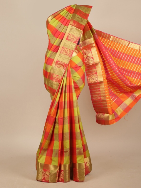 

Pothys Pink & Green Checked Jute Silk Saree