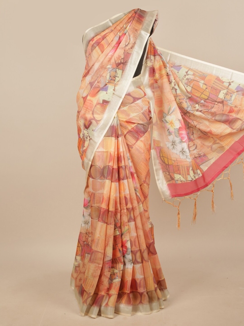 

Pothys Silver-Toned & Orange Printed Linen Blend Saree