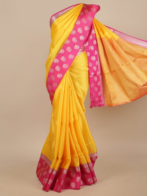 

Pothys Yellow & Pink Floral Solid Zari Jute Silk Saree