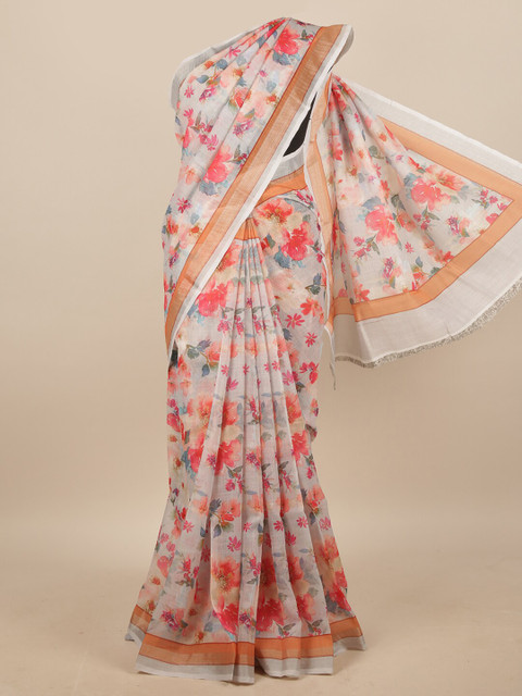 

Pothys Cream-Coloured & Red Floral Linen Blend Saree