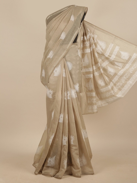 

Pothys Taupe & White Ethnic Motifs Jute Silk Saree