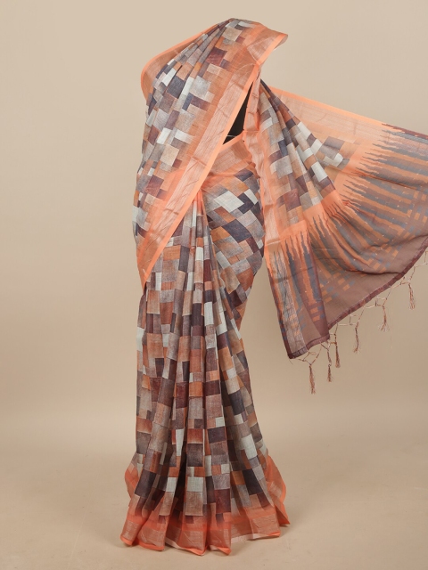 

Pothys Grey & Orange Checked Linen Blend Saree