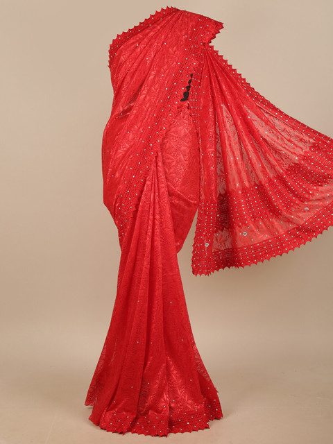 

Pothys Red & Silver-Toned Floral Embroidered & Beads and Stones Embellished Net Saree