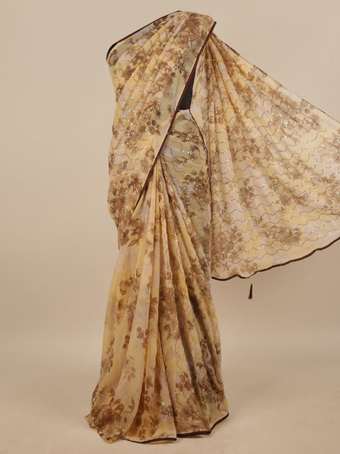

Pothys Cream-Coloured & Brown Floral Printed With Sequinned Saree