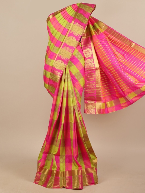 

Pothys Fuchsia & Yellow Checked Zari Jute Silk Saree