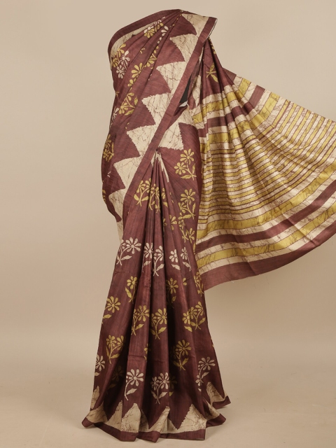 

Pothys Brown & Yellow Floral Printed Jute Silk Saree