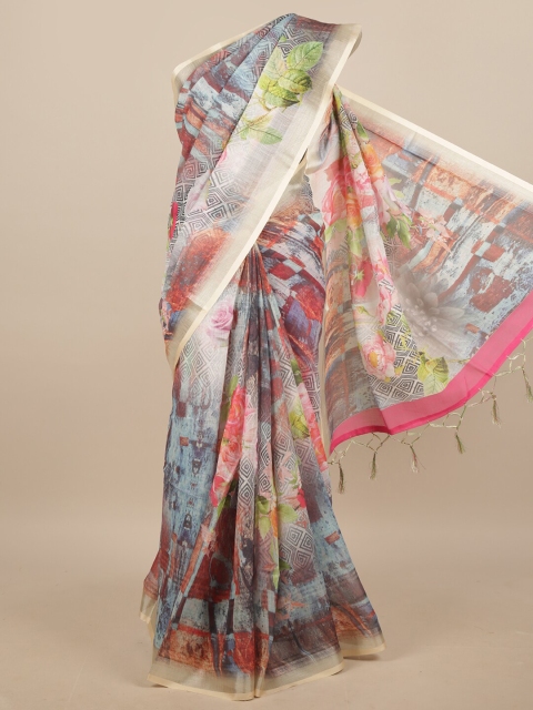 

Pothys Blue & Green Floral Zari Linen Blend Saree