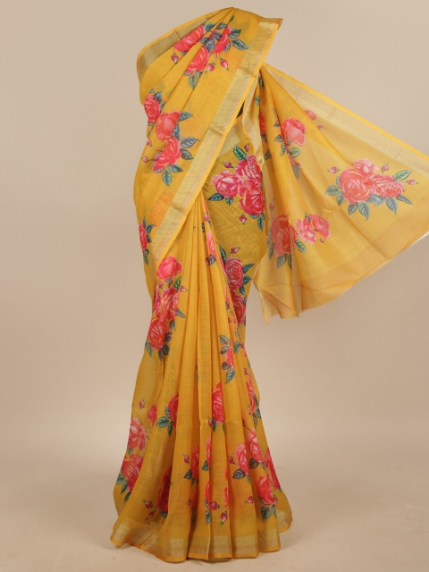 

Pothys Yellow & Pink Floral Printed Linen Blend Saree