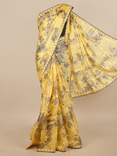 

Pothys Yellow & Grey Floral Printed Embroider Border Saree
