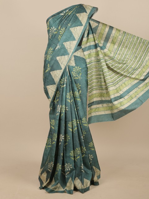 

Pothys Green & Beige Floral Printed Jute Silk Saree