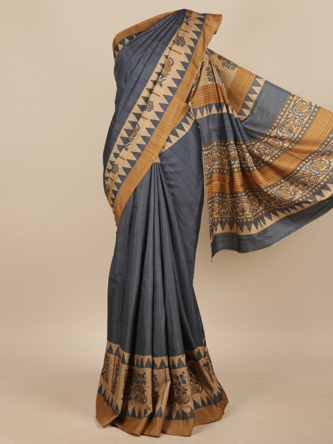 

Pothys Grey & Brown Ethnic Motifs Printed Jute Silk Saree