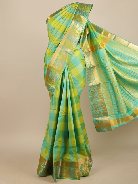 

Pothys Blue & Green Jute Silk Checked Saree