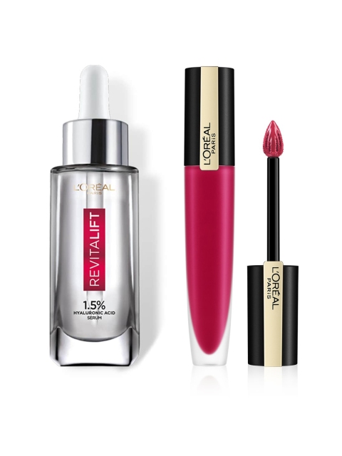 

LOreal Paris Set of Revitalift 1.5% Hyaluronic Acid Serum & Rouge Signature Matte Lipstick, Transparent