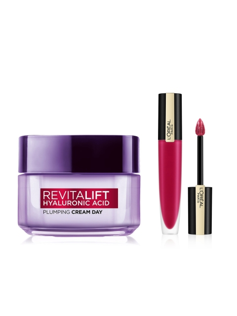 

LOreal Paris Set of Revitalift Hyaluronic Acid Day Cream & Rouge Signature Matte Lipstick, Purple