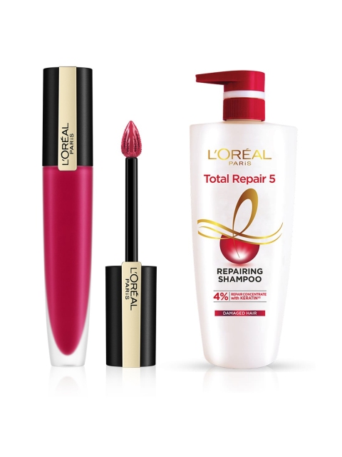 

LOreal Paris Set of Total Repair 5 Shampoo & Rouge Signature Matte Lipstick, Green